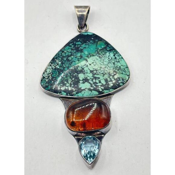 Charles Albert Sterling Silver Pendant Turquoise Amber Blue Topaz 925 - Picture 1 of 6